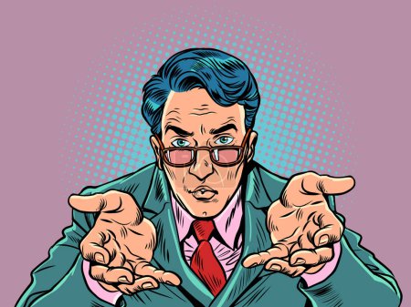 Photo for Attentive and serious office manager accepting an offer. HR agent offers a job. A man in a suit and glasses looks at you and holds out his arms towards you. Pop Art Retro Vector Illustration Kitsch - Royalty Free Image
