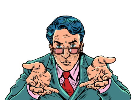 Photo for Attentive and serious office manager accepting an offer. HR agent offers a job. A man in a suit and glasses looks at you and holds out his arms towards you. Pop Art Retro Vector Illustration Kitsch - Royalty Free Image