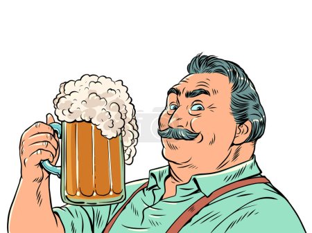 Illustration for Excellent alcohol. Quality beer with lots of foam. A man with a mustache is holding a glass of beer. Pop Art Retro Vector Illustration Kitsch Vintage 50s 60s Style. On a white background - Royalty Free Image