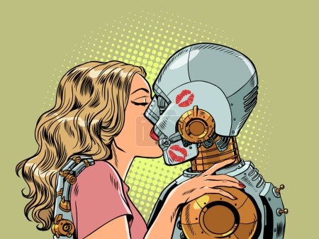 Photo for The interaction of artificial intelligence and people. Replacing real relationships with fictitious ones. The girl kisses the robot. Pop Art Retro Vector Illustration Kitsch Vintage 50s 60s Style - Royalty Free Image