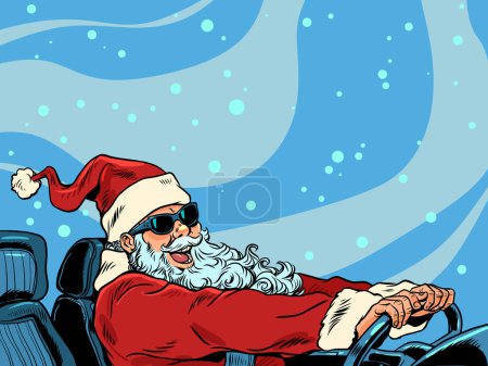Photo for Santa claus christmas The New Year is approaching customers, the announcement of upcoming discounts and promotions in stores. Seasonal shift and care of the car in the winter. Santa Claus driving a - Royalty Free Image