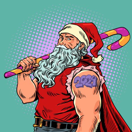 Photo for Santa claus christmas The upcoming new year 2024 in the form of a tattoo on the shoulder of a man. Upcoming changes should be met with sweets. Brutal Santa Claus holds a huge lollipop in his hand and - Royalty Free Image