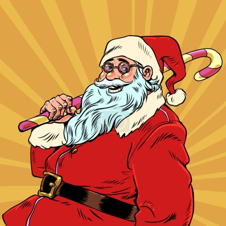 Illustration for Santa Claus christmas celebrates the new year with a huge candy in his hands. Smiling elderly man in a seasonal suit rejoices in life. Anticipation of new promotions in stores. Pop Art Retro Vector - Royalty Free Image
