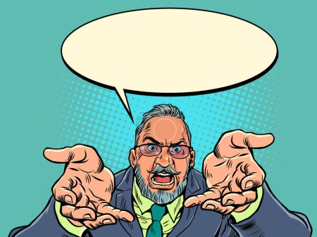 Photo for Frustrated boss or employee. Customer dissatisfaction with service. An adult man in glasses and a suit screams with his hands while he says something. Pop Art Retro Vector Illustration Kitsch Vintage - Royalty Free Image