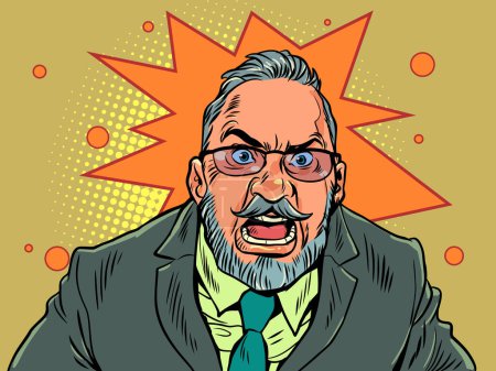 Photo for Bad company management. Report employees. Customer dissatisfaction. An adult man in glasses and a suit screams. Pop Art Retro Vector Illustration Kitsch Vintage 50s 60s Style - Royalty Free Image