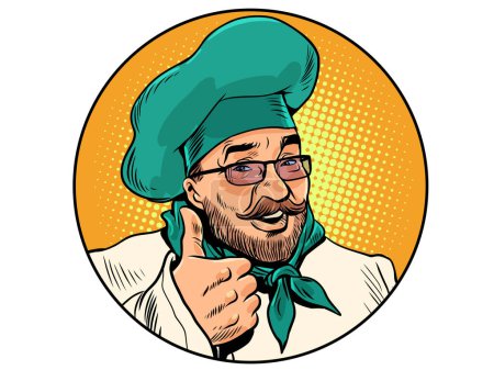 Photo for Chefs recommendation. Logo for a restaurant. A man with a beard and glasses in the form of a cook shows a thumbs up. Pop Art Retro Vector Illustration Kitsch Vintage 50s 60s Style. On a white - Royalty Free Image