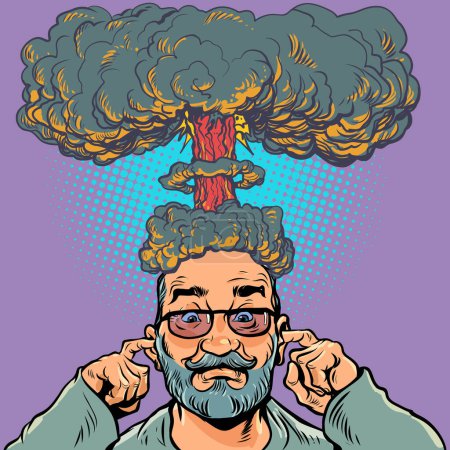 Photo for Brain explosion. A strong load on the thoughts of a person. A man with a beard and glasses plugs his ears while he has an explosion on his head. Pop Art Retro Vector Illustration Kitsch Vintage 50s - Royalty Free Image