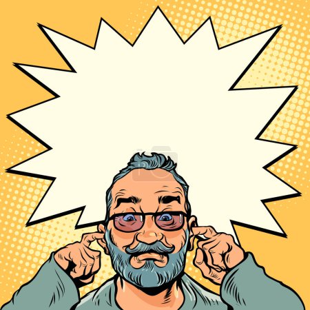 Photo for Creating silence for yourself alone. Dont listen to others. A man with a beard in glasses plugs his ears with his hands. Pop Art Retro Vector Illustration Kitsch Vintage 50s 60s Style. On a neutral - Royalty Free Image