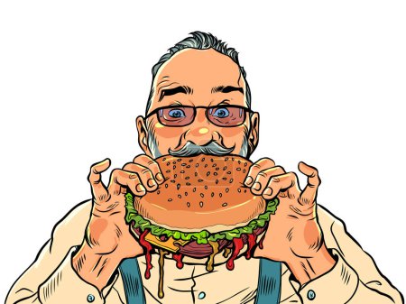 Illustration for Delicious quality fast food. Delivery of hot and appetizing food. An adult man with a beard and glasses takes a bite of a juicy burger. Pop Art Retro Vector Illustration Kitsch Vintage 50s 60s Style - Royalty Free Image