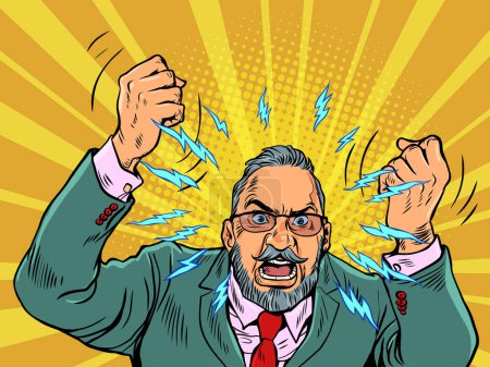 Photo for Bad company management. Report employees. Customer dissatisfaction. An adult man in glasses and a suit screams with his hands up. Pop Art Retro Vector Illustration Kitsch Vintage 50s 60s Style - Royalty Free Image