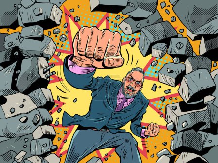 Breaking stereotypes, overcoming obstacles. The emergence of new unexpected discounts. A man in a suit breaks a wall with his fist. Pop Art Retro Vector Illustration Kitsch Vintage 50s 60s Style