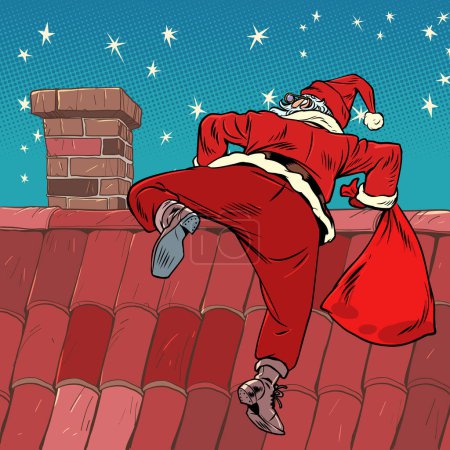 Photo for Christmas The approach of the new year, a little bit literally. The roof of the house and its guest. Santa Claus climbs into the chimney with gifts. Pop Art Retro Vector Illustration Kitsch Vintage - Royalty Free Image
