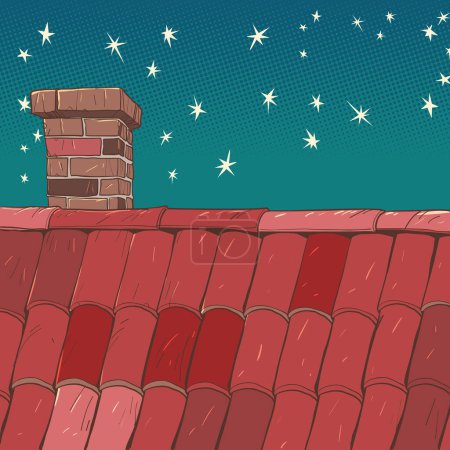 Photo for Christmas sky from the roof of a house with a chimney. Seasonal holiday mood for background. The roof of the house at night. Pop Art Retro Vector Illustration Kitsch Vintage 50s 60s Style - Royalty Free Image