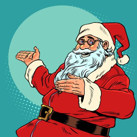 Illustration for Christmas Santa Claus Direction indication from the seasonal mascot. Santa Claus shows his hands in one direction. Invitation to celebrate the New Year. Pop Art Retro Vector Illustration Kitsch - Royalty Free Image