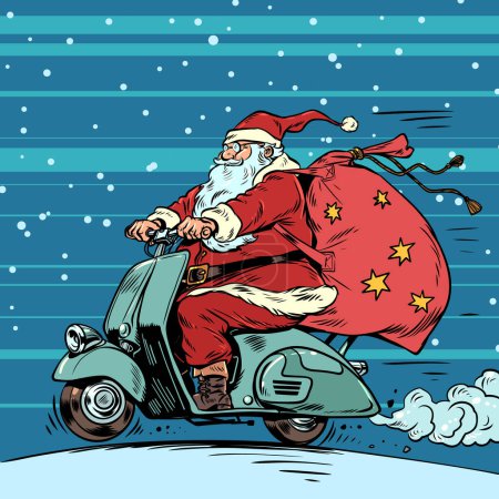 Ilustración de La Navidad se acerca en dos ruedas. Santa Claus monta un ciclomotor con una bolsa de regalos. Próximos días festivos y ventas estacionales junto con él. Pop Art Retro Vector Illustration Kitsch Vintage 50s 60s - Imagen libre de derechos