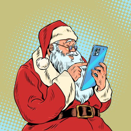 Téléchargez les illustrations : Envoi de Noël aux amis et à la famille avec félicitations. Le Père Noël tient un téléphone et fera défiler le flux. Publicité électronique dans le cadre de promotions. Pop Art rétro vecteur - en licence libre de droit