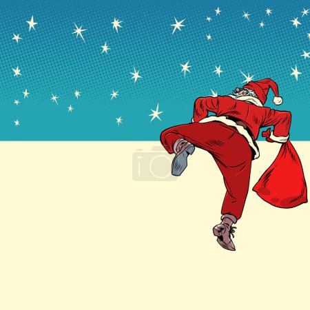 Photo for Christmas creeps to our doors. Santa Claus climbs over the wall with a bag of gifts on the background of the stars. Delivery despite the situation in the cold season. Pop Art Retro Vector Illustration - Royalty Free Image