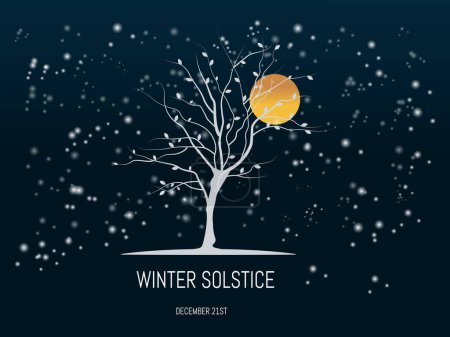 Illustration for Winter solstice.december 21 .tree,branches with some leaves in white on dark background. - Royalty Free Image