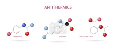 Illustration for Chemical structure of some antipyretics to treat the flu or cold Paracetamol, ibuprofen, acetylsalicylic acid. - Royalty Free Image
