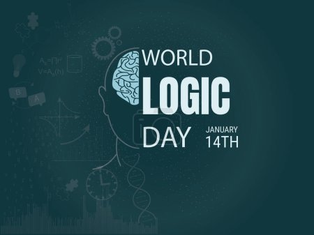 Journée mondiale de la logique.14 janvier, silhouette de la tête et du côté gauche du cerveau représentant la logique, les formules mathématiques de fond, les engrenages, les lettres communiques