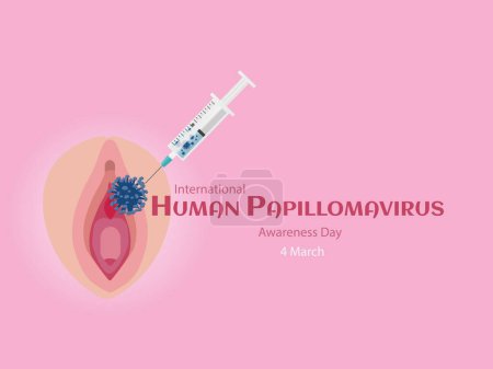 Illustration for International Human Papilloma Virus Awareness Day, drawing of vagina on pink background and HPV virus and syringe simulating vaccination for prevention. - Royalty Free Image
