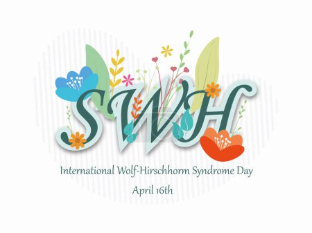 Illustration for World Wolf Hirschhorm Syndrome Day16th April.SWH acronym surrounded by colorful flowers on white background. - Royalty Free Image