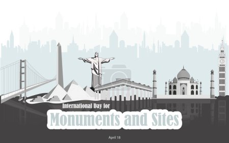 Illustration for International Day of Monuments and Sites. Silhouette of Monuments in gray tones on background simulating city buildings. - Royalty Free Image