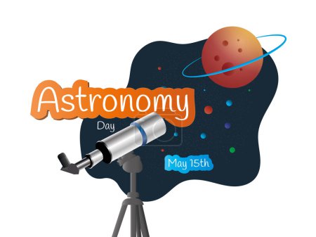 Illustration for Explore the Universe: Celebrate Astronomy Day. Telescope and background planets and stars on blue background.Flat design. - Royalty Free Image