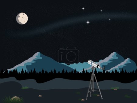 Explore the Universe: Celebrate Astronomy Day. Night landscape of a telescope in the foreground, mountains and trees in the background, and stars and the moon in the sky.