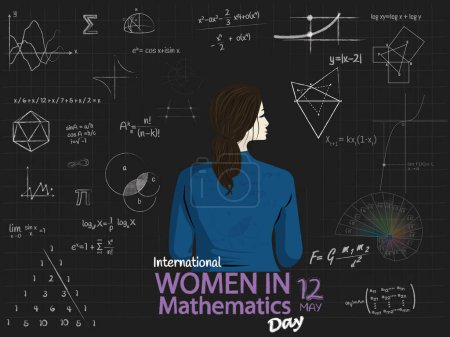 Internationaler Tag der Frauen in der Mathematik. Silhouette einer Frau auf dem Rücken mit Haaren im Pferdeschwanz, umgeben von mathematischen Formeln und geometrischen Figuren auf schwarzem Hintergrund. Vektorillustration.