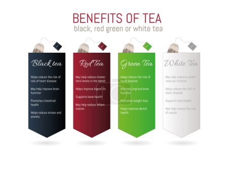 Infographic of different benefits of tea depending on whether it is black, red, green or white tea.Colored tea bags on white background