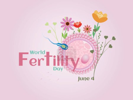 Ilustración de Día Mundial de la Fertilidad. 4 de junio. Huevo y esperma rodeados de flores sobre fondo rosa. - Imagen libre de derechos