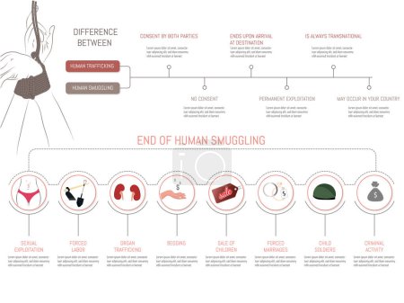 Illustration for Infographic about the difference between human trafficking and human smuggling, and in the case of trafficking what is usually the end of them, with their corresponding icons on white background. - Royalty Free Image
