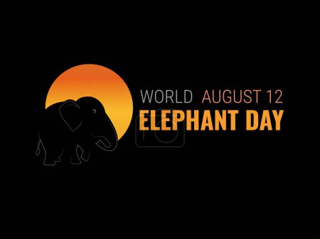 Illustration for World elephant day.12 August.Silhouette of elephant with circle with sunset colors on black background. - Royalty Free Image