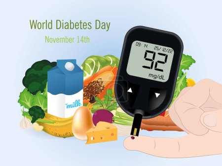 Téléchargez les photos : Journée mondiale du diabète.14 deNoviembre.Glucomètre entouré d'aliments sains.concept de saine alimentation pour contrôler le diabète . - en image libre de droit