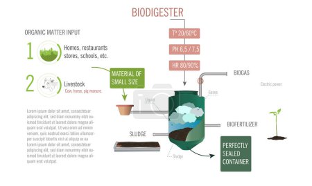 Téléchargez les illustrations : Infographie d'un biodigesteur comment il fonctionne et les conditions pour it.energy efficacité en utilisant la matière organique. - en licence libre de droit