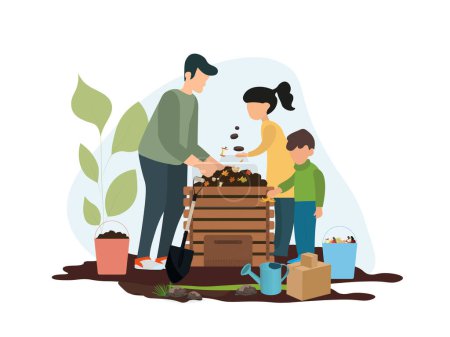 Familia de padre e hijos compostaje.composter y alrededor de ella la familia y los elementos necesarios como el agua, residuos orgánicos, cartón, arena, hojas.