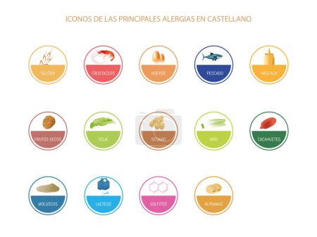 Téléchargez les illustrations : L'image est une collection de cercles de différentes couleurs, chacun avec un symbole représentant les différentes allergies alimentaires. Texte en espagnol. - en licence libre de droit