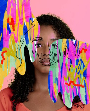 Photo for Contemporary artwork. Modern design. Young beautiful african woman with multi colored drawings. Equality of nationalities. Concept of beauty standards, ethnicity, friendship, diversity, human rights - Royalty Free Image