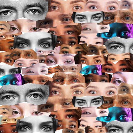 Zeitgenössische Kunst. Modernes Design. Collage aus Menschen unterschiedlicher Nationalität, Hautfarbe und Rasse. Menschliche Augen. Konzept von Schönheitsstandards, Multi-Ethnizität, Freundschaft, Menschenrechten