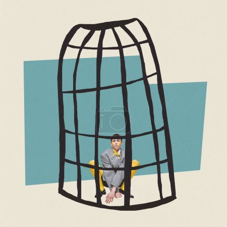 Téléchargez les photos : Collage d'art contemporain. Image conceptuelle. Jeune garçon élégant assis dans une cage à oiseaux symbolisant la pression mentale et la dépression. La santé mentale. Concept de psychologie, émotions, monde intérieur, sentiments - en image libre de droit