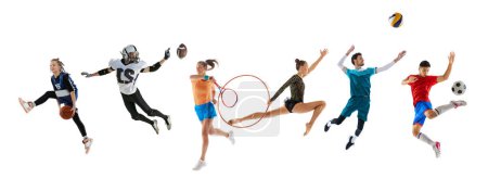 Collage. Different people, sportsmen in action, playing, training over white background. Basketball, football, tennis, rhythmic gymnast, volleyball. Concept of action, motion, sport, motivation. Poster 623067992