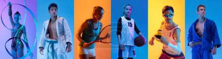 Photo for Collage. Young sportive people, athletes posing over multicolored background. Rhytmic gymnast, karate, tennis, backetball, volleyball. Concept of action, motion, sport life, motivation, competition. - Royalty Free Image