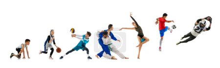 Collage of movements of young professional athletes in motion, training isolated over white background. Concept of action, motion, sport life, motivation, competition. Copy space for ad.