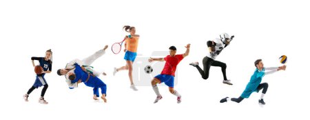 Photo for Collage. Different people, sportsmen in action, playing, training isolated over white background. Basketball, football, tennis, karate, volleyball. Concept of action, motion, sport life and motivation - Royalty Free Image