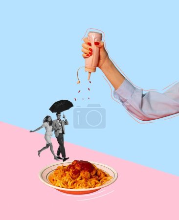 Photo for Food pop art photography. Contemporary art collage. Stylish young couple running under umbrella for lunch. Delicious Italian pasta with meatballs. Concept of creativity, degustation, retro style. - Royalty Free Image
