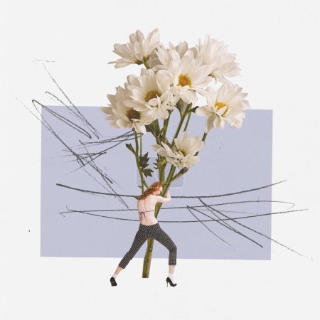 Téléchargez les photos : Collage d'art contemporain. Design créatif. Jeune fille rousse embrassant des fleurs, camomille. Tendre humeur estivale. Concept de surréalisme, art floral, féminité, surréalisme, psychologie, fleuriste - en image libre de droit