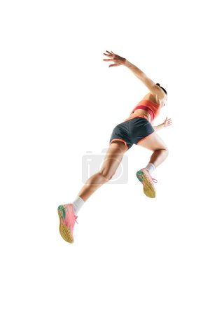 Photo for Back view. Sportive muscled woman, professional runner running away isolated on white background. Sport, fitness, competition, speed and active lifestyle. Copy space for ad - Royalty Free Image