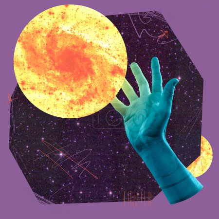 Photo for Human hand reaches out to an unknown planet. Outer space, research, dream, unattainable goals and utopia. Contemporary art collage. Inspiration, idea, creativity, surrealism. Colorful minimalism. - Royalty Free Image