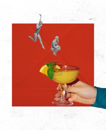 Contemporary art collage. Slim girls in retro swimming suit jumping into glass with cocktail over white-red background with geomertic shape. Surrealism, summer mood, vacations